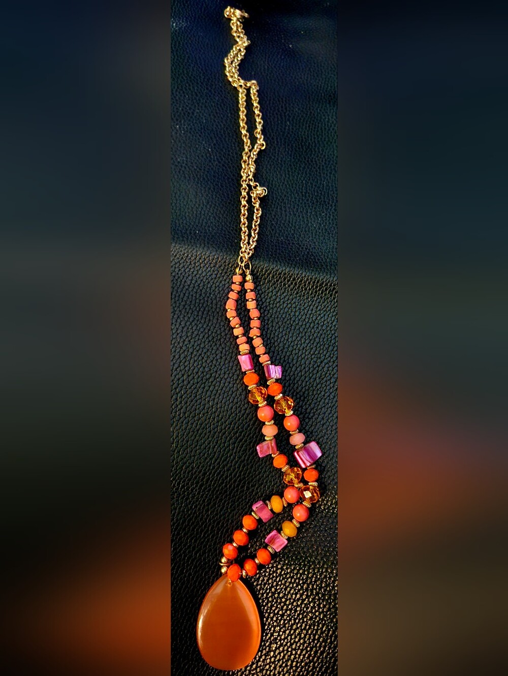 34"Vtg Boho Orange Beaded Statement Necklace with Teardrop Pendant